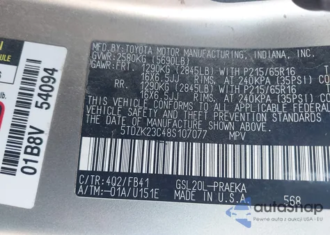 2008 Toyota Sienna Ce z USA, uszkodzony, nr VIN 5TDZK23C48S107077